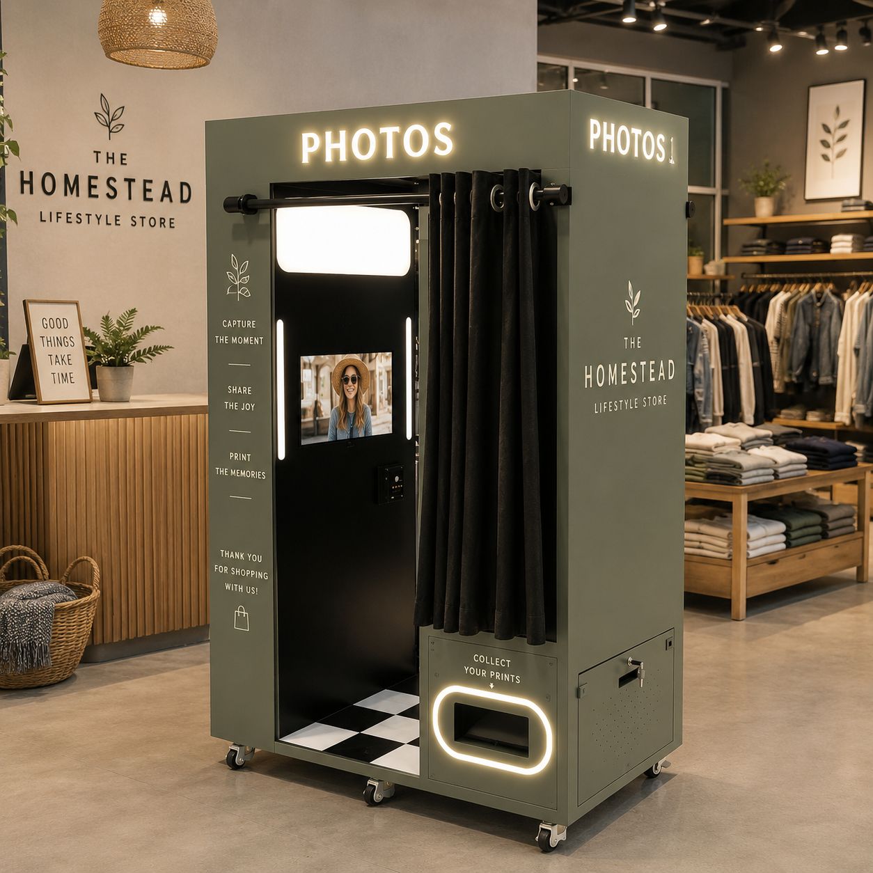 Concept render — a profit-share photo booth branded for The Homestead Lifestyle Store, sitting on the shop floor of a retail space