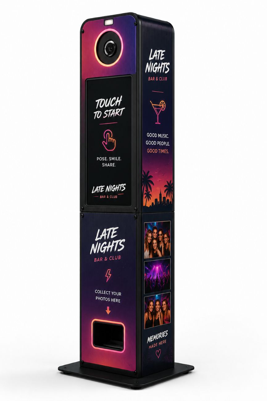 Concept render — a profit-share photo booth branded for Late Nights Bar & Club, with vibrant tropical neon graphics